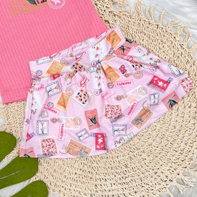 Conj. Blusa Canelada Flores Paris e Short Saia Cartão Postal - Rosa